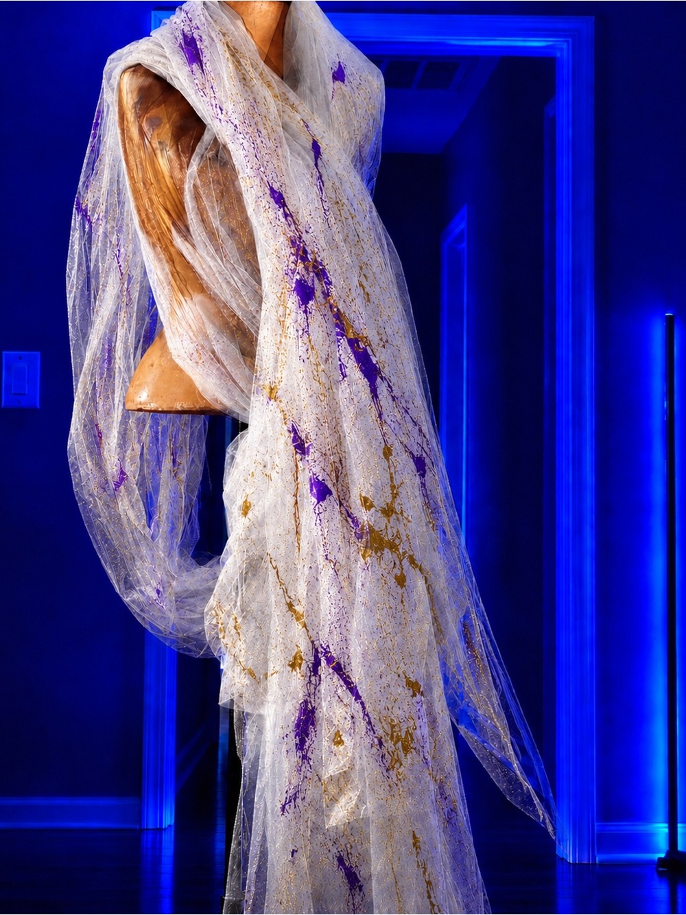 Sheer White Tunic Scarf with Purple and Gold Accents